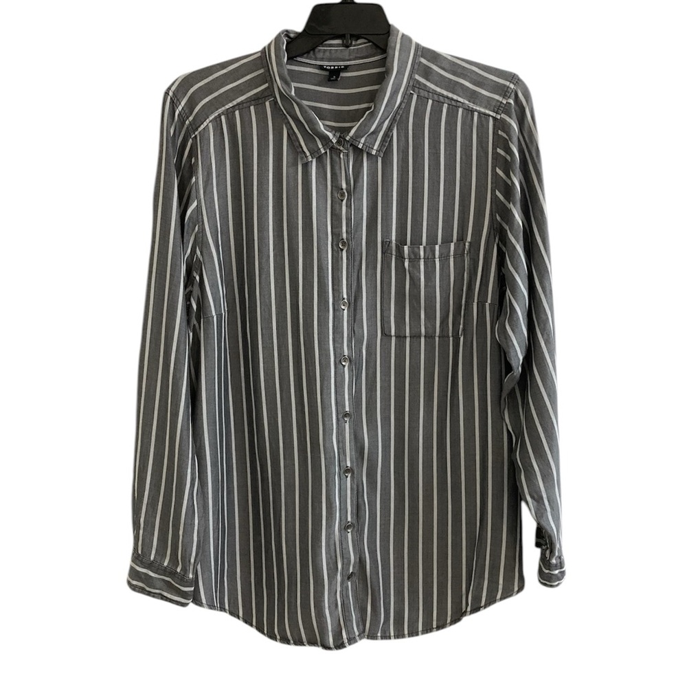 Torrid Womens Size 3 Button Shirt Gray White Long Sleeve Striped Tencel